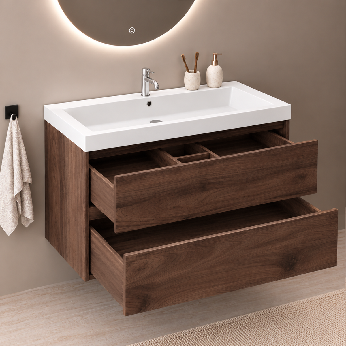 Badmeubelset AVALON 100 cm - Met Kolomkast - Bruin Eiken - Wastafel Wit