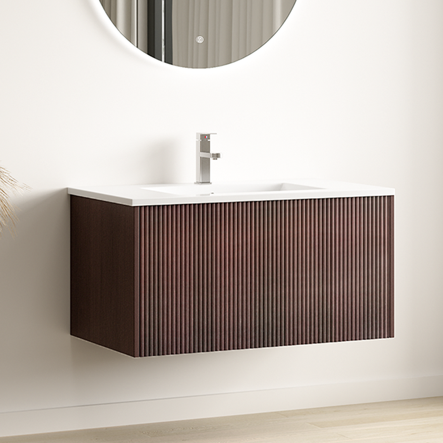 SOVINA Ribbel Walnoot - Wastafel Wit - 80cm