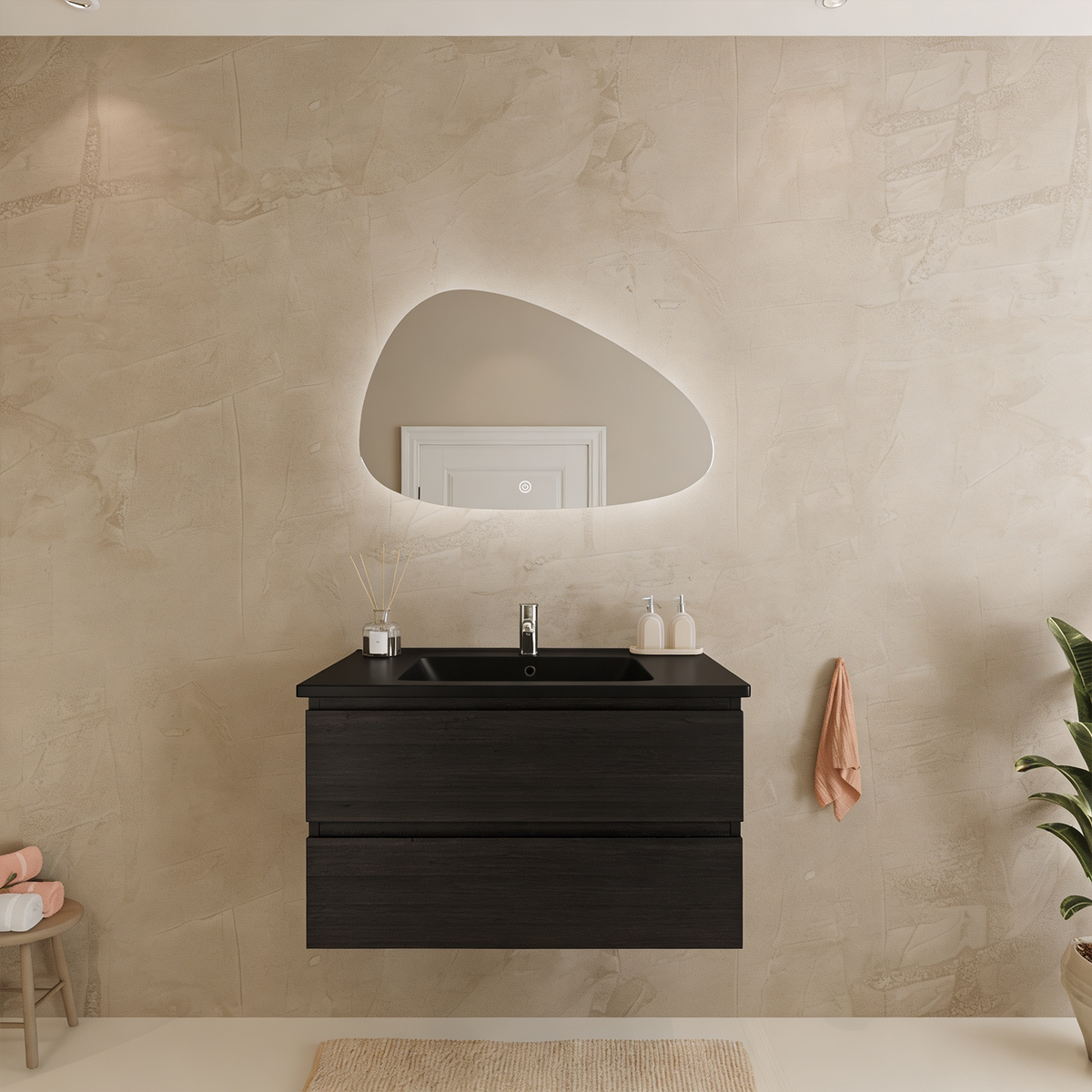MARENZA 80 cm - Zwart Eiken - Wastafel Zwart