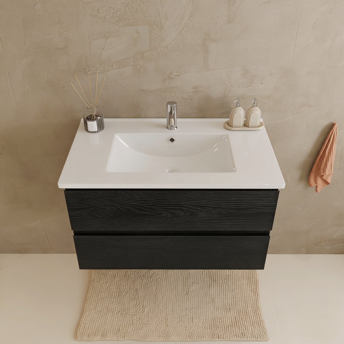 MARENZA 80 cm - Zwart Eiken - Wastafel Wit