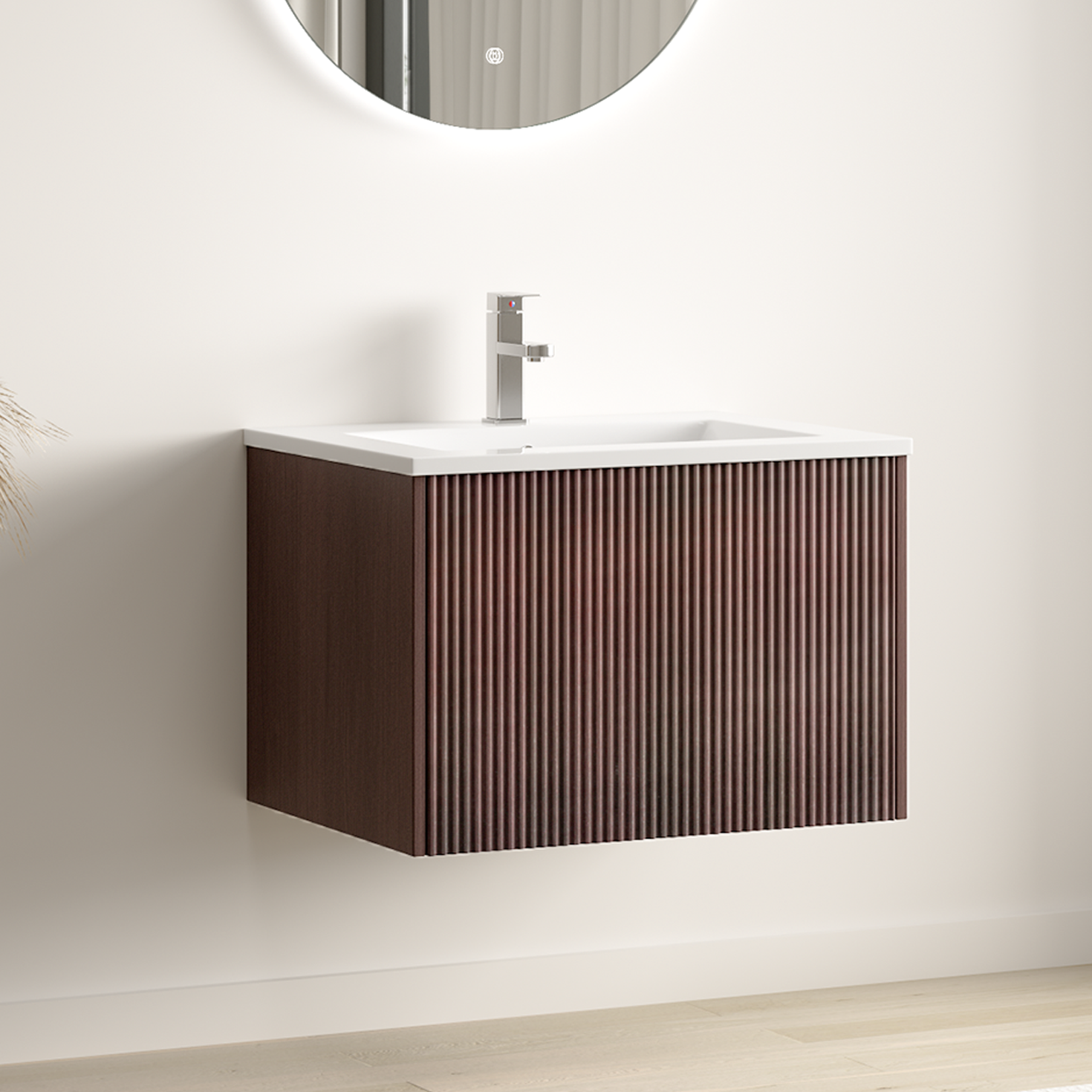 SOVINA Ribbel Walnoot - Wastafel Wit - 60cm
