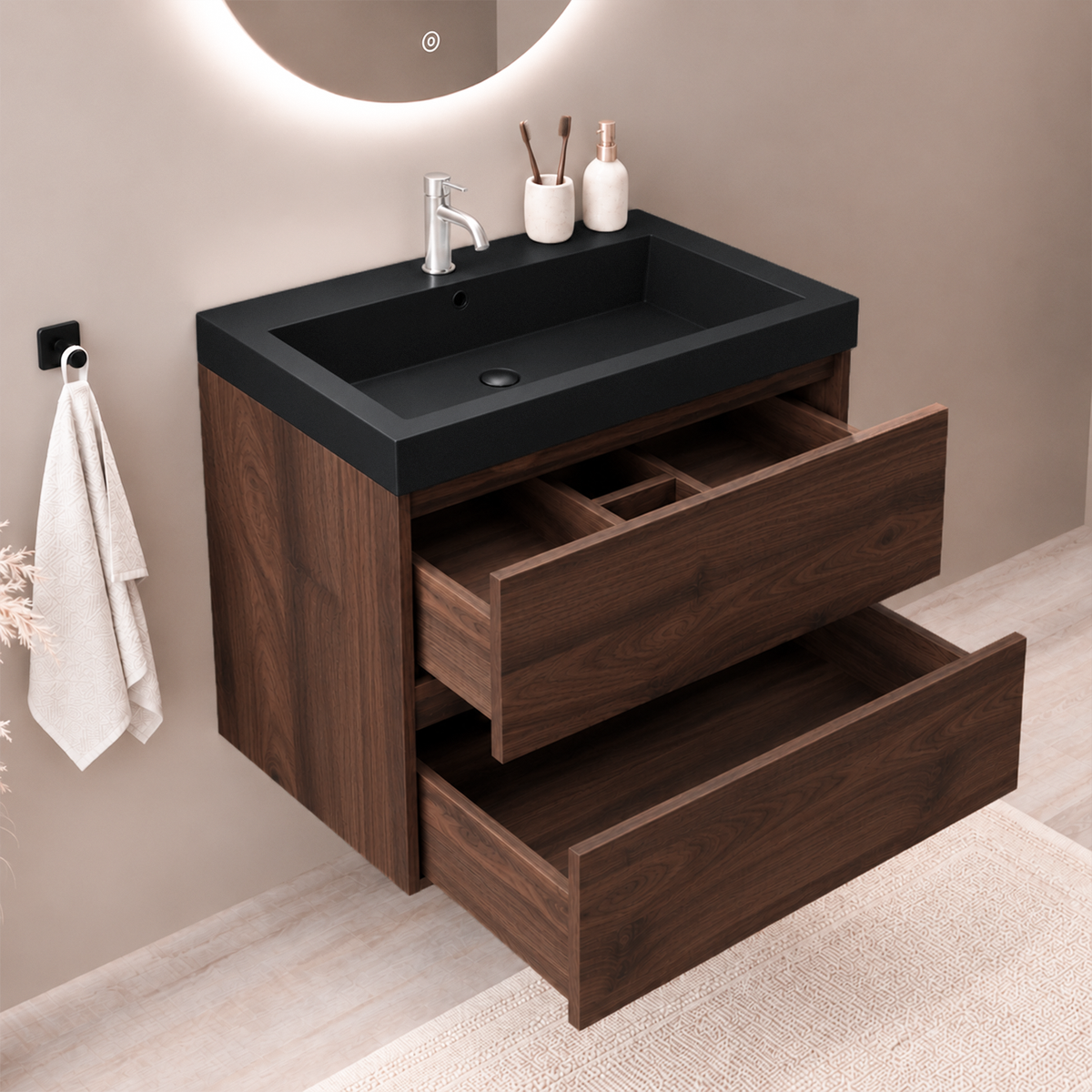 MONACO Bruin Eiken - Wastafel Zwart - 60cm