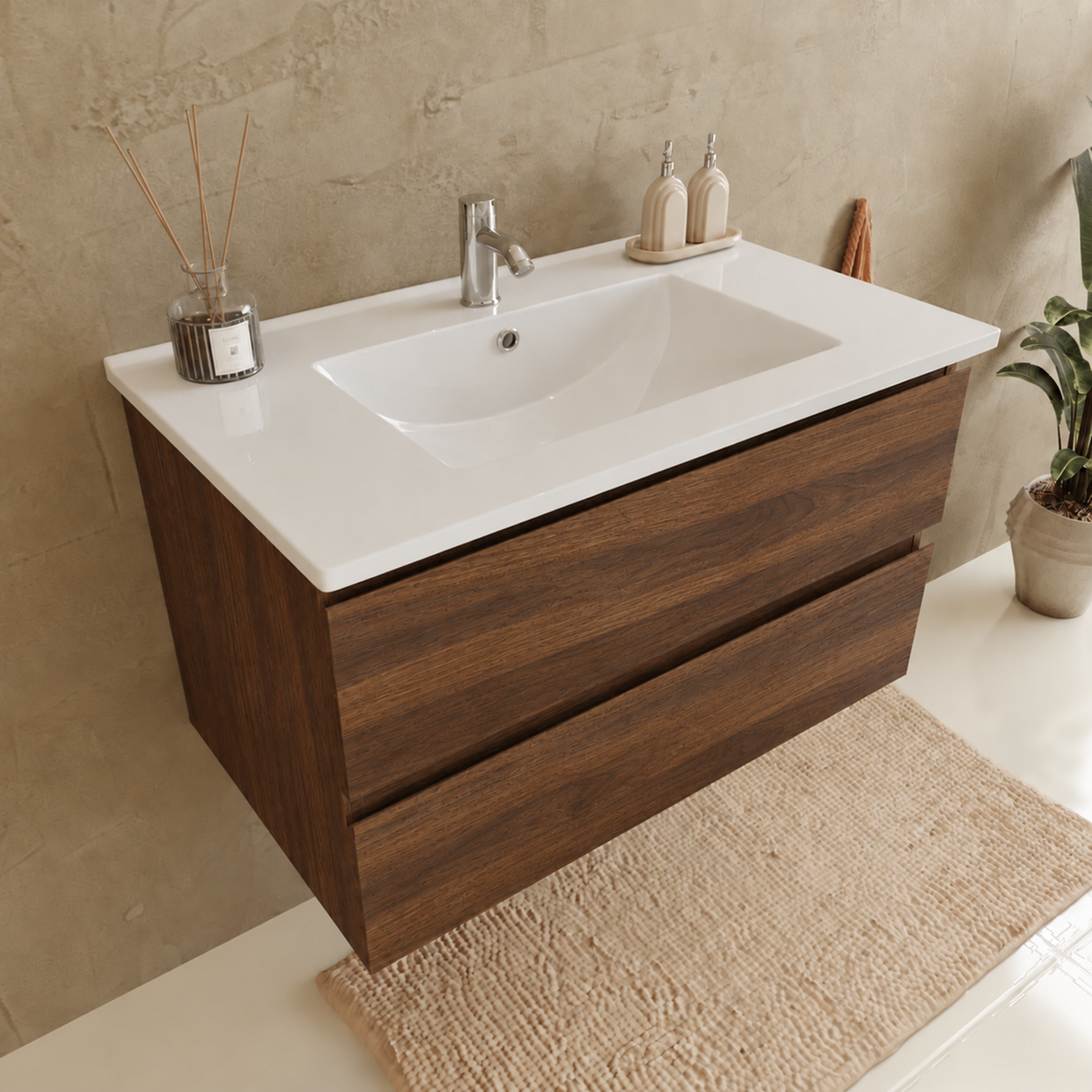 Badmeubelset VERONA 80 cm - Met Kolomkast - Bruin Eiken - Wastafel Wit