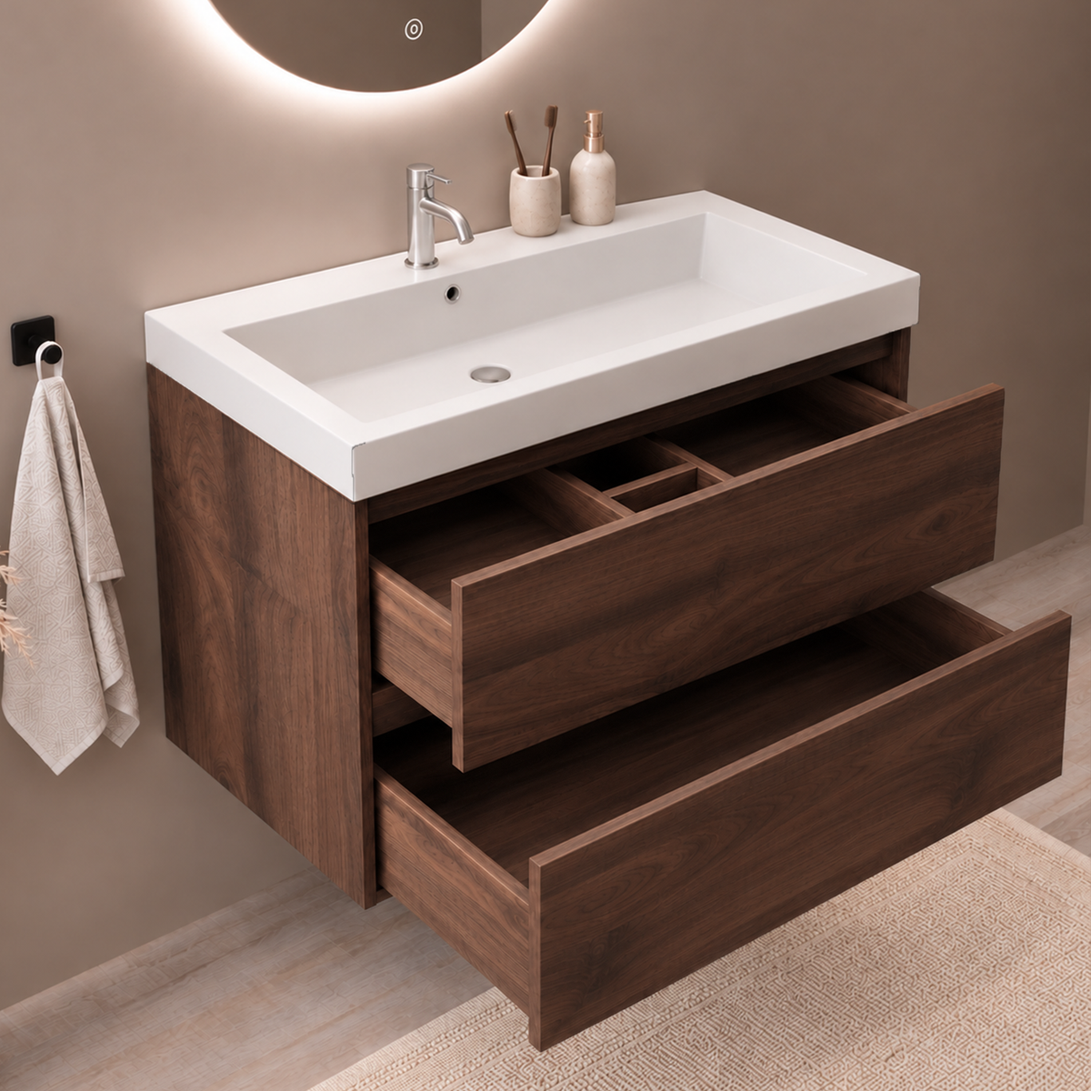 Badmeubelset AVALON 80 cm - Met Kolomkast - Bruin Eiken - Wastafel Wit