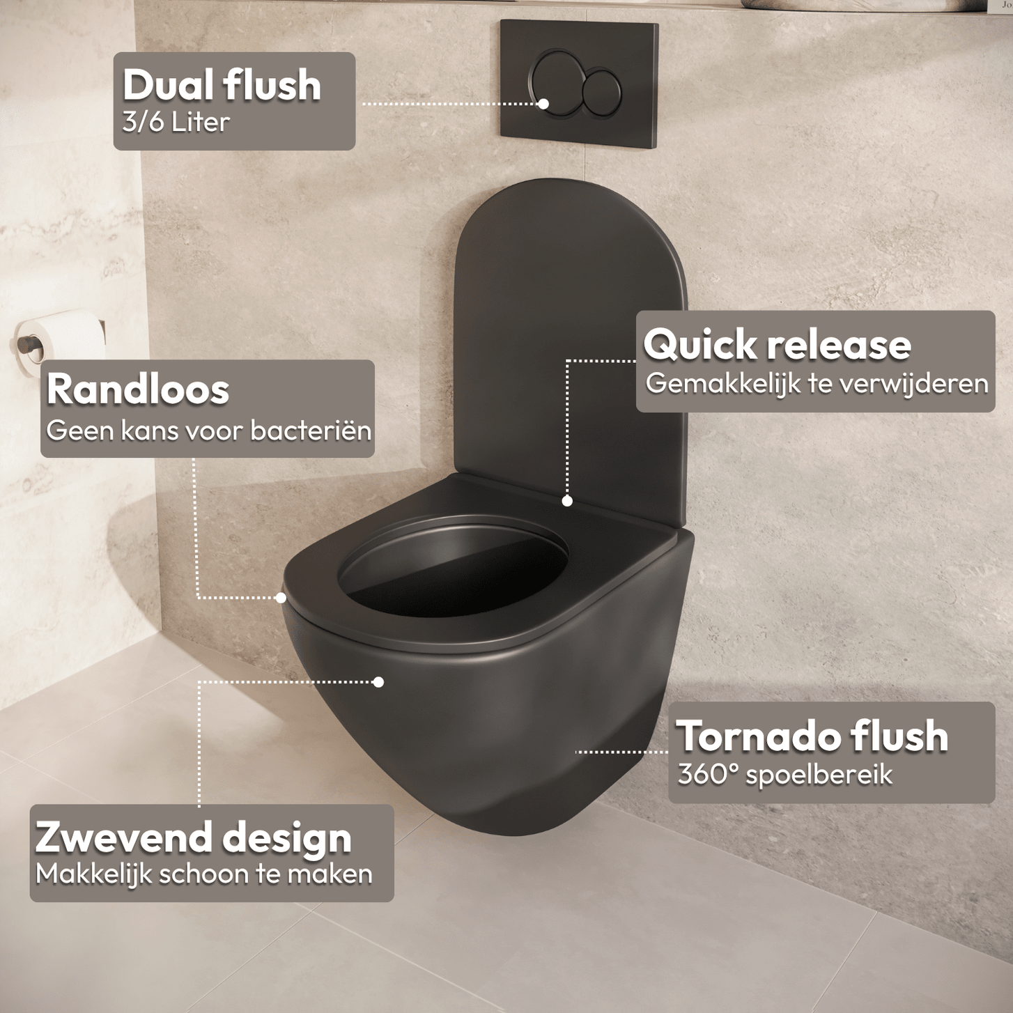 Hangtoilet met Inbouwreservoir - Rond Zwart - Drukplaat Vierkant Zwart - Linea - lomazoo.com