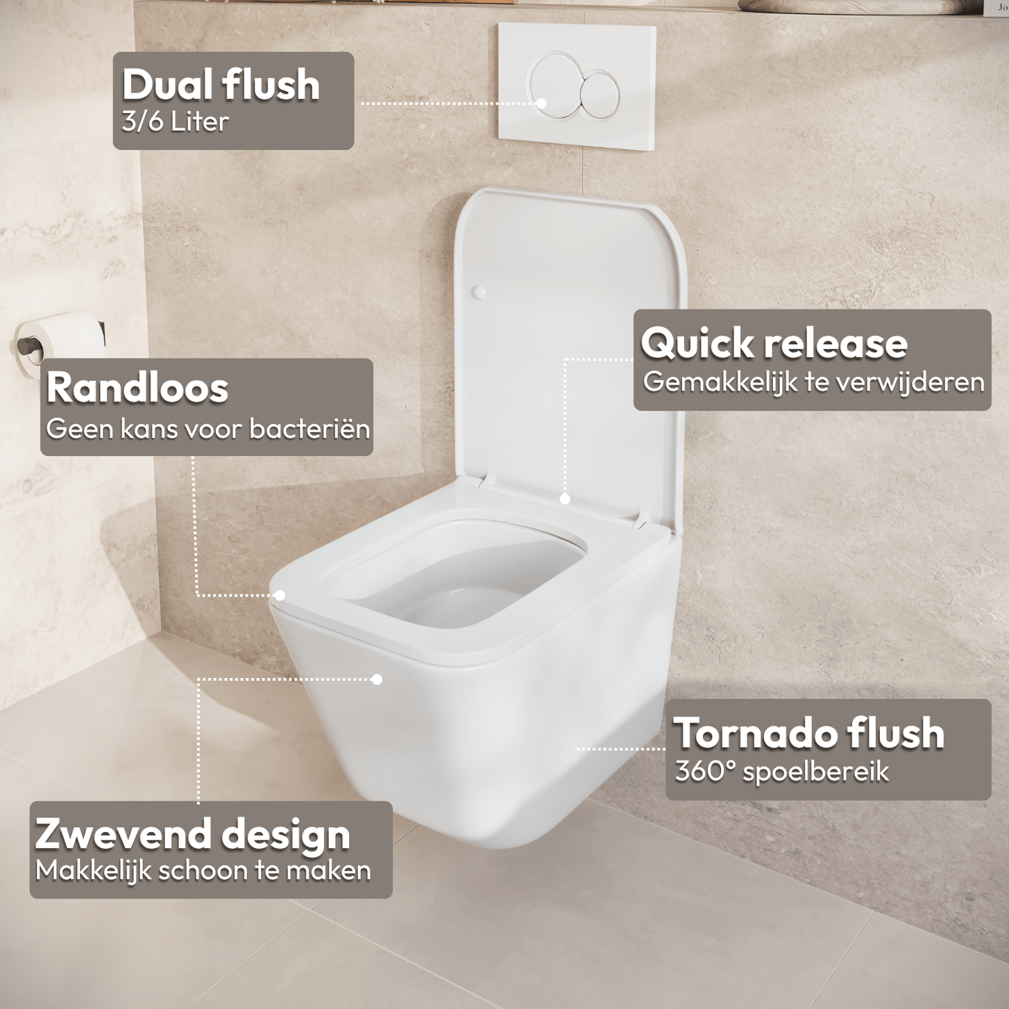 Hangtoilet met Inbouwreservoir - Vierkant Wit - Drukplaat Rond Goud - Linea - lomazoo.com
