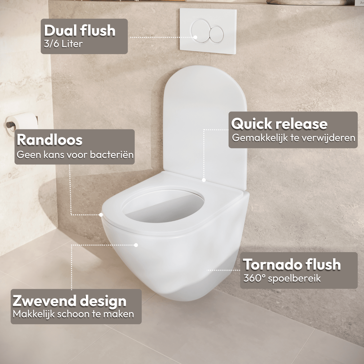 Hangtoilet met Inbouwreservoir - Rond Wit - Drukplaat Rond Goud - Linea - lomazoo.com
