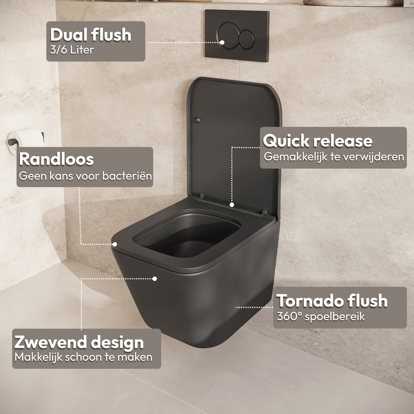 Hangtoilet met Inbouwreservoir - Vierkant Zwart - Drukplaat Rond Goud - Linea - lomazoo.com