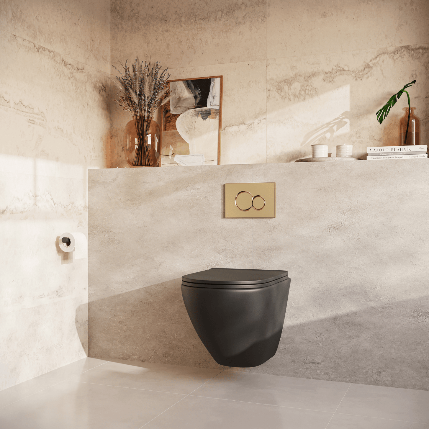 Hangtoilet met Inbouwreservoir - Rond Zwart - Drukplaat Rond Goud - Linea - lomazoo.com