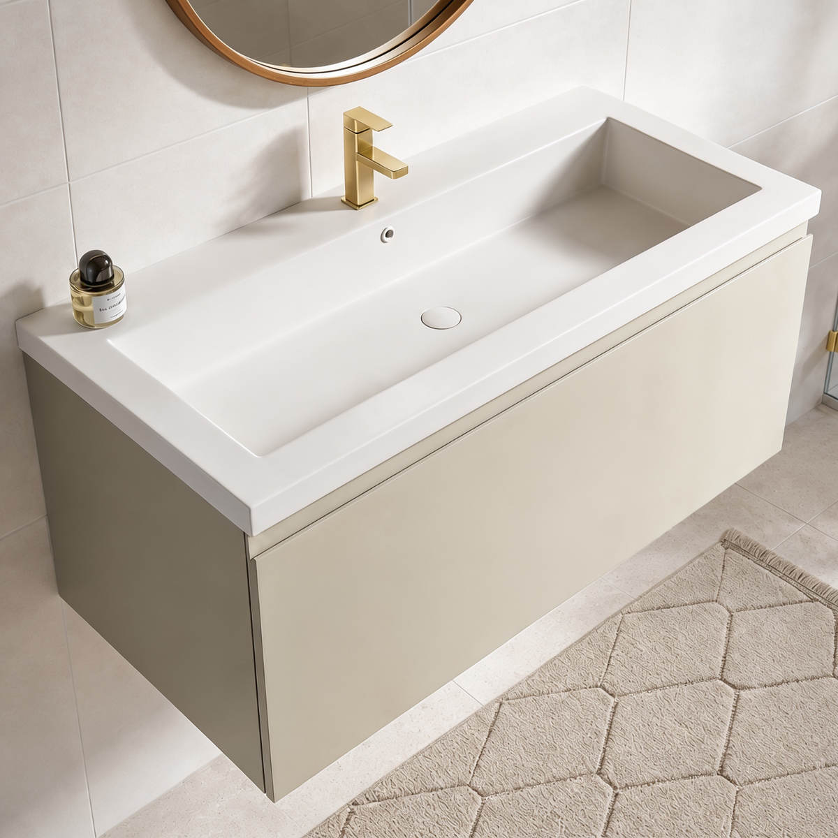 Badmeubelset SORRENTO 100cm - Met Kolomkast - Greige - Wastafel Wit - lomazoo.com